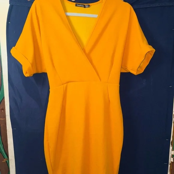Boohoo Mustard Yellow Wrap Dress-us10 - Picture 4 of 11